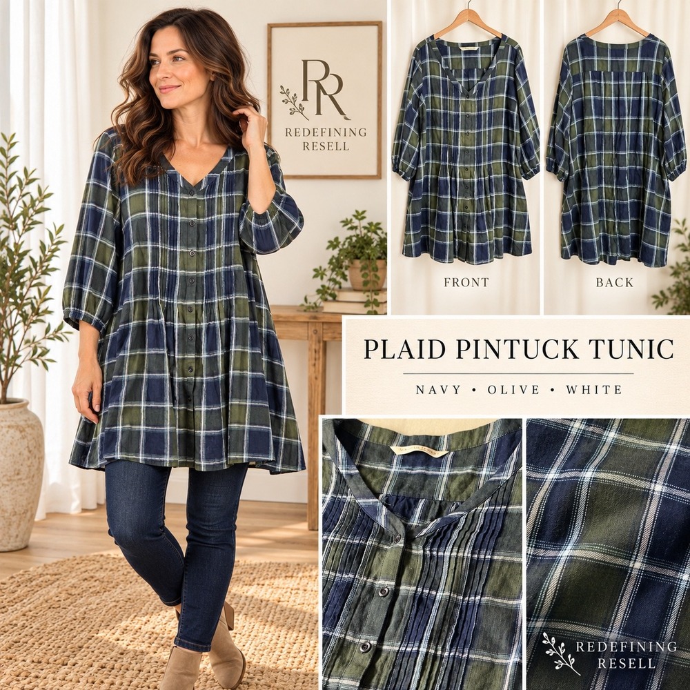 Wayward Fancies eShakti Plaid Pintuck Tunic Navy Olive Cotton 2X-22W